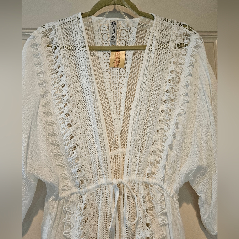 American Rag Maxi Kimono LS Tie Front Intricate Lace Sheer Egret White Small NWT - Picture 2 of 14